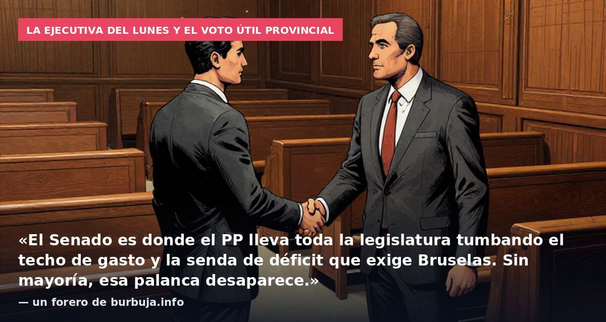 La Ejecutiva del lunes y el voto útil provincial: «El Senado es donde el PP lleva toda la legislatura tumbando el techo de gasto y la senda de déficit que exige Bruselas. Sin mayoría, esa palanca desaparece.» — un forero de burbuja.info
