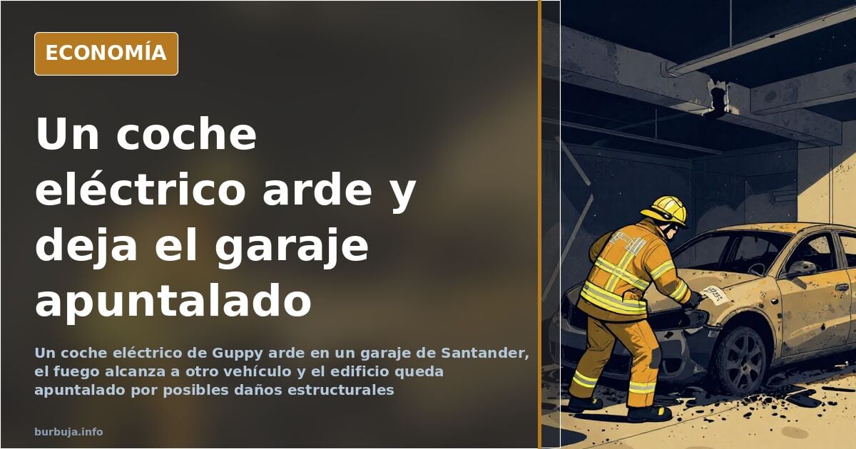 Ilustración editorial de un garaje comunitario con un coche eléctrico calcinado y vigas de acero dañadas por el incendio