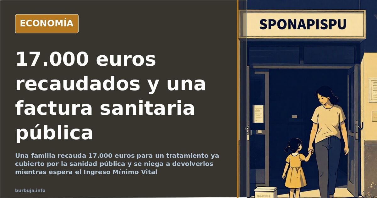 Ilustración editorial de una factura sanitaria sobre fondo azul marino con cifras en dorado y una silueta de familia esperand