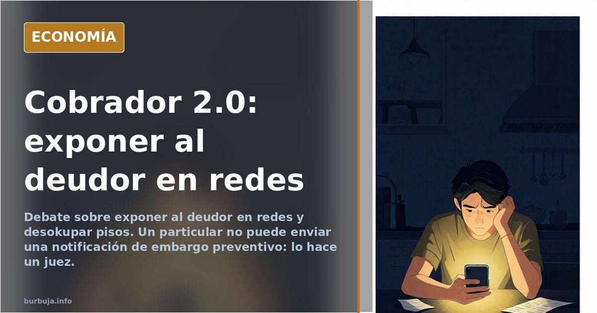 Ilustración editorial de un cobrador de morosos 2.0 con expedientes y una balanza judicial sobre fondo azul marino