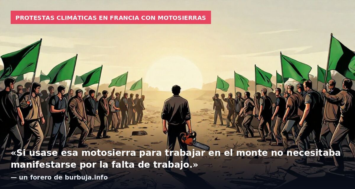 En Francia los manifestantes van con motosierras cortando árboles.
