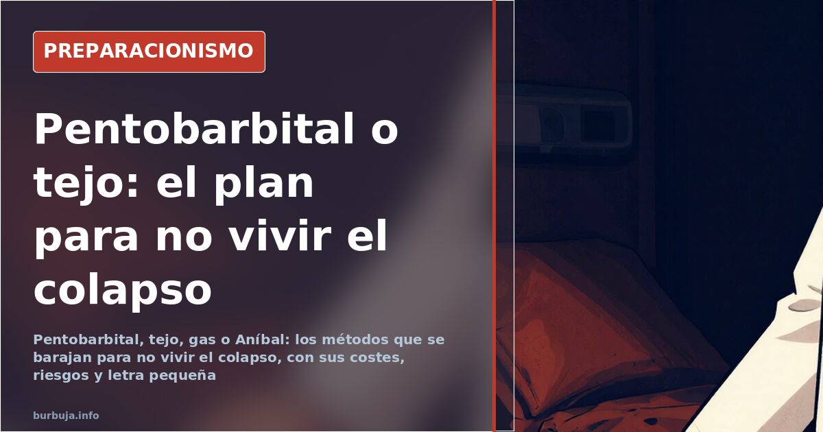 Imagen conceptual sobre métodos indoloros de suicidio y preparacionismo ante el colapso, con pentobarbital y tejo como términ