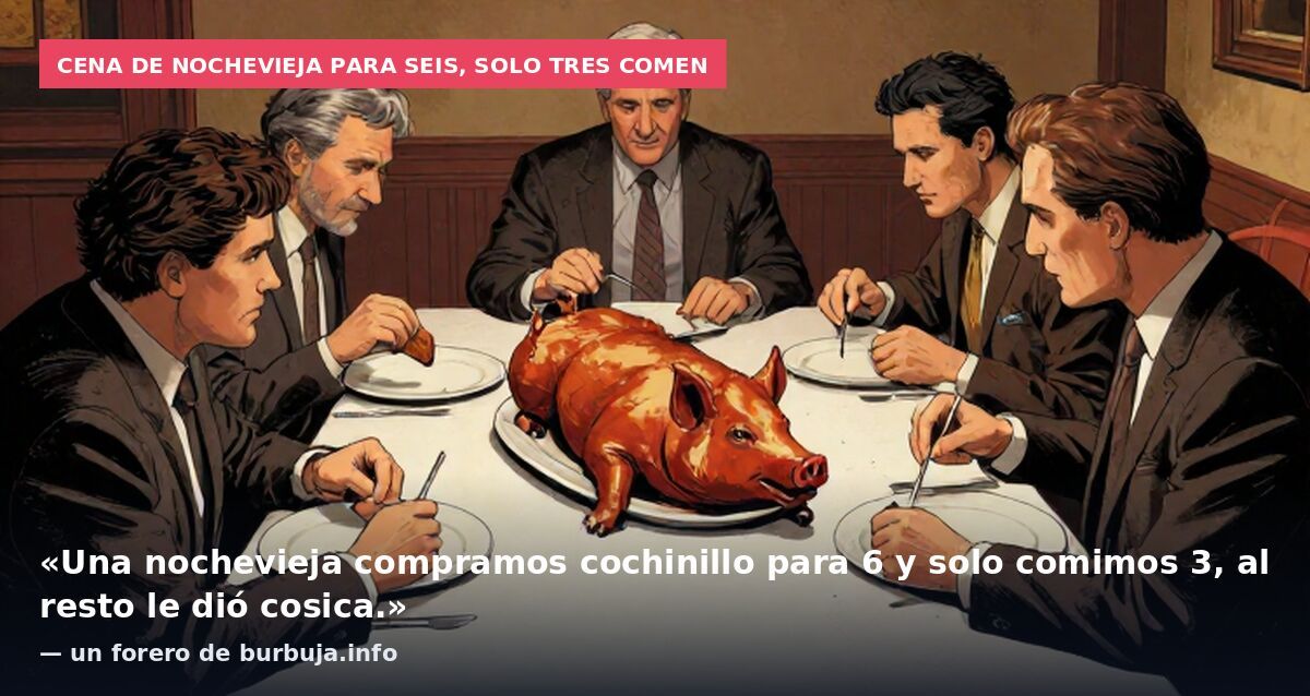 Cena de Nochevieja para seis, solo tres comen: «Una nochevieja compramos cochinillo para 6 y solo comimos 3, al resto le dió cosica.» — un forero de burbuja.info