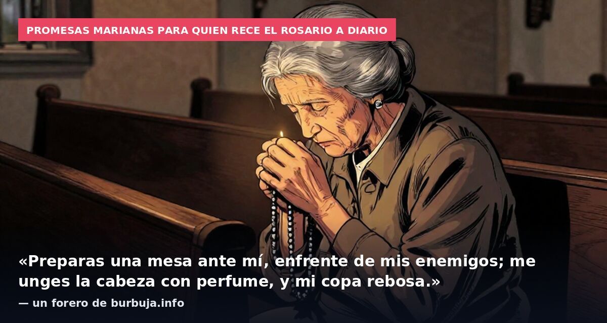 Promesas marianas para quien rece el Rosario a diario: «Preparas una mesa ante mí, enfrente de mis enemigos; me unges la cabeza con perfume, y mi copa rebosa.» — un forero de burbuja.info