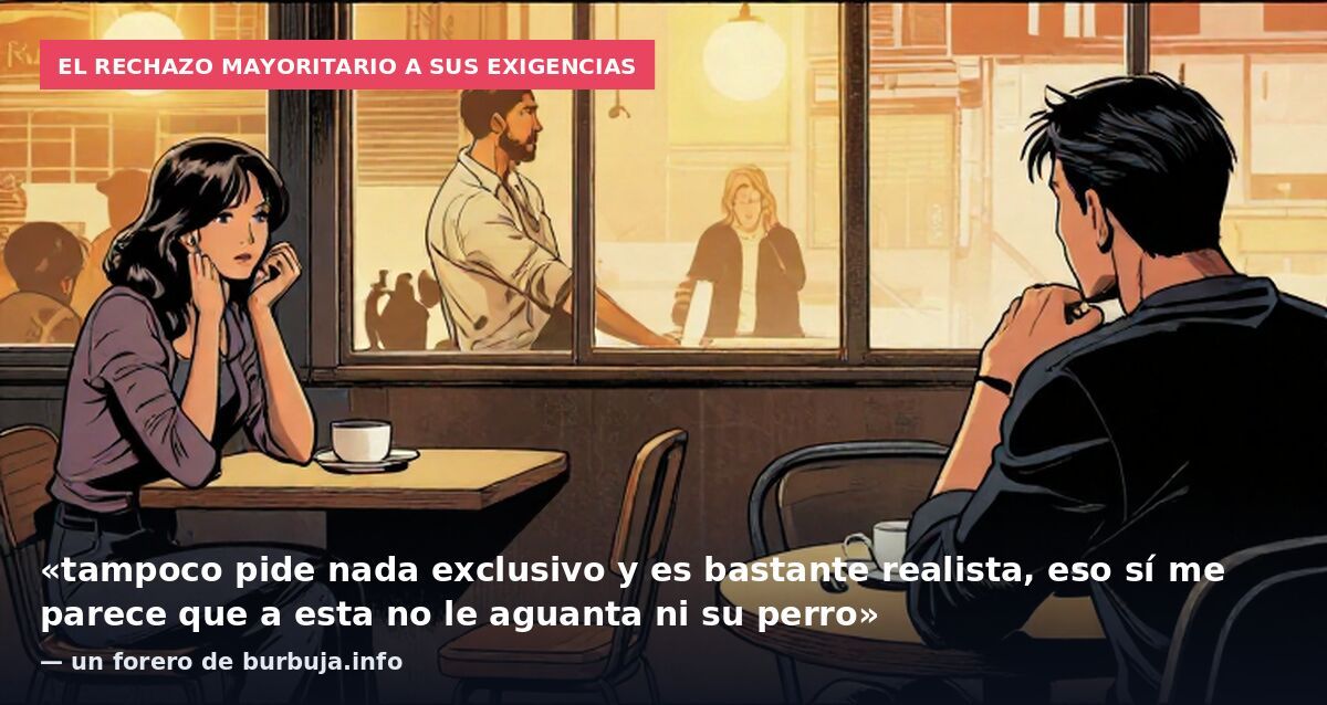 El rechazo mayoritario a sus exigencias: «tampoco pide nada exclusivo y es bastante realista, eso sí me parece que a esta no le aguanta ni su perro» — un forero de burbuja.info