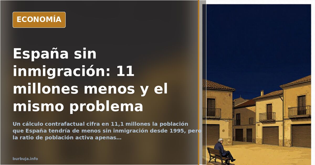 Ilustración editorial en azul marino y dorado de un mapa de España con siluetas de población y gráficos demográficos descende