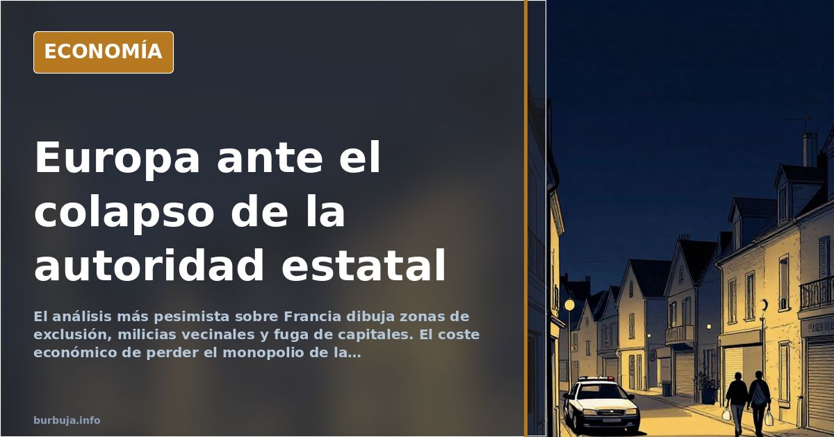 Ilustración editorial de una ciudad europea dividida en bloques geográficos herméticos con la autoridad estatal ausente