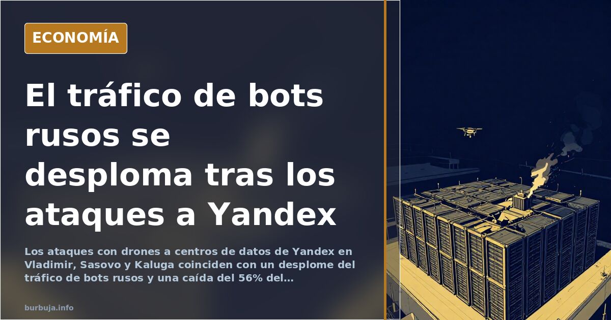 Ilustración editorial de un centro de datos ruso dañado con pantallas apagadas y gráficos de tráfico de bots en caída