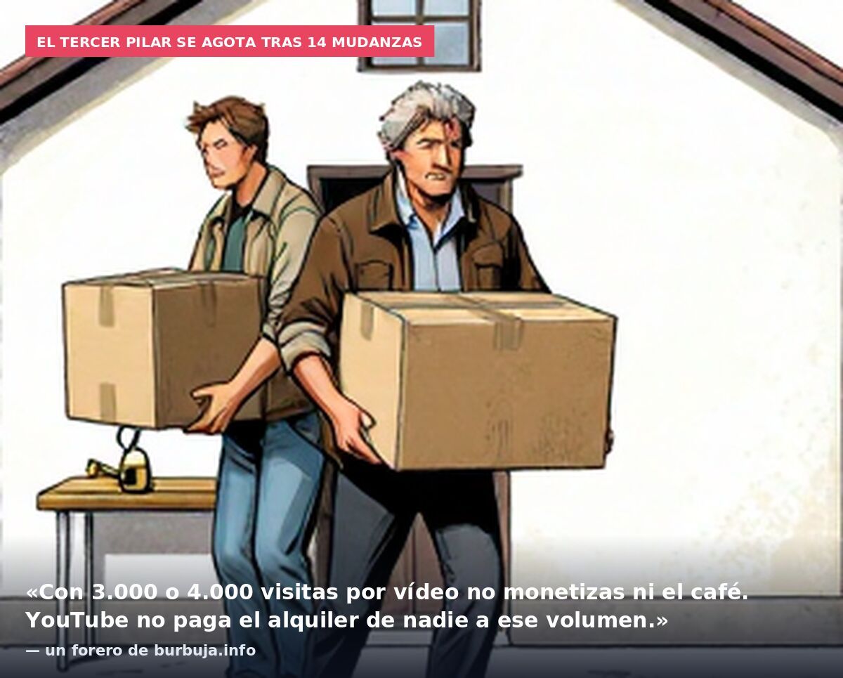 El tercer pilar se agota tras 14 mudanzas: «Con 3.000 o 4.000 visitas por vídeo no monetizas ni el café. YouTube no paga el alquiler de nadie a ese volumen.» — un forero de burbuja.info