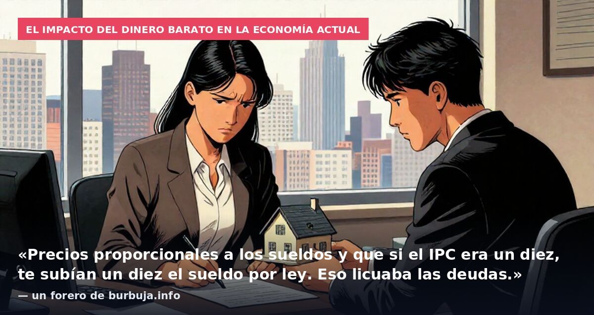 El impacto del dinero barato en la economía actual: «Precios proporcionales a los sueldos y que si el IPC era un diez, te subían un diez el sueldo por ley. Eso licuaba las deudas.» — un forero de burbuja.info