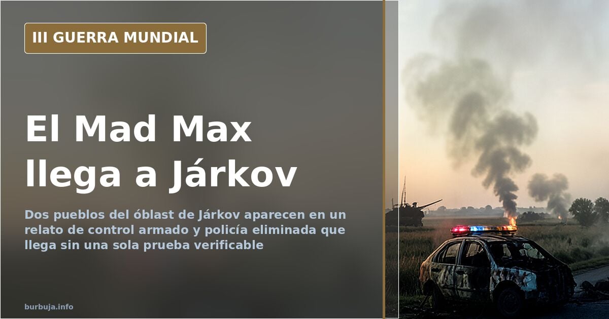 Mapa desaturado del oblast de Járkov con siluetas de vehículos militares y humo lejano en el horizonte