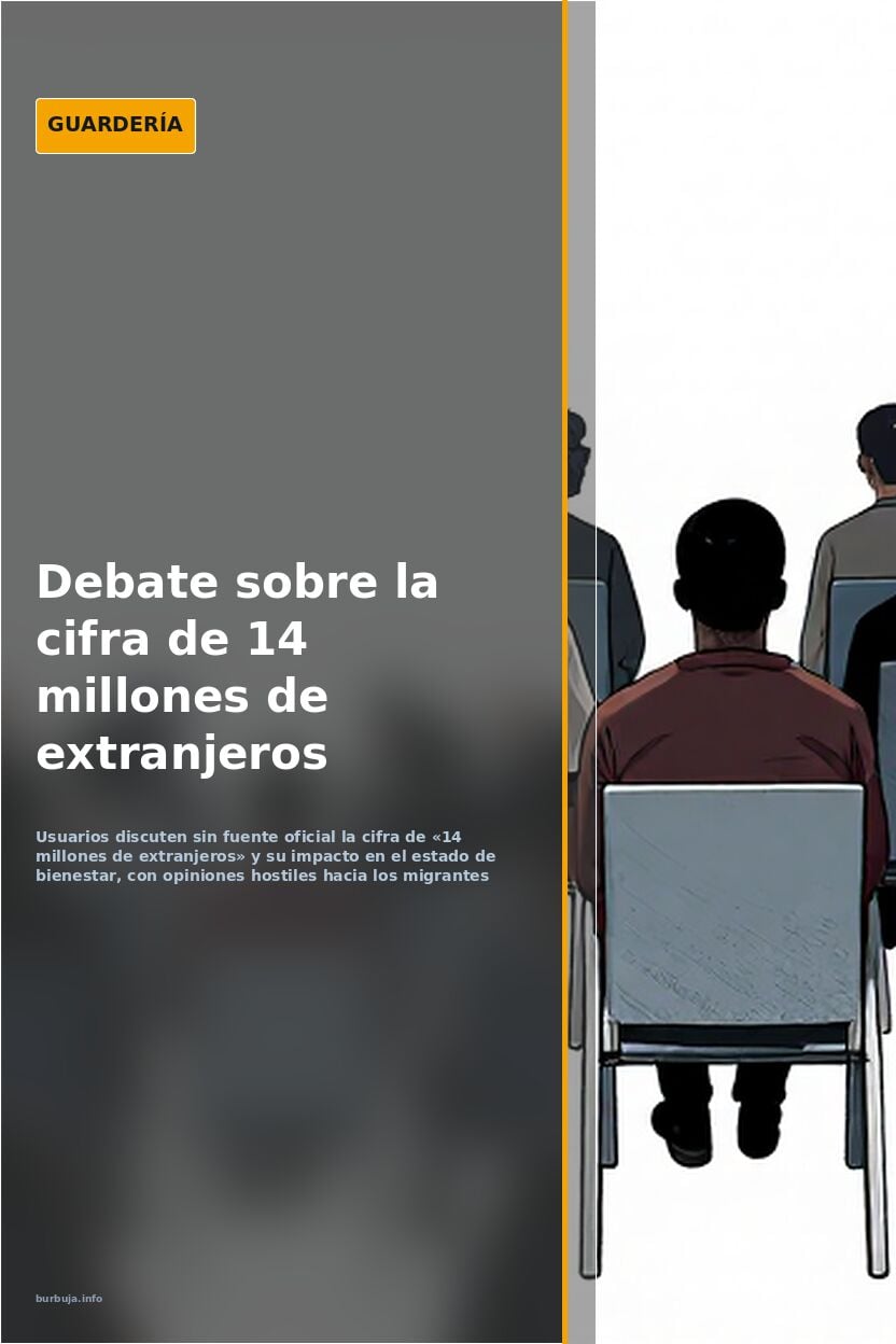 Ilustración de una cola de personas ante una ventanilla de servicios públicos con gráficos de población extranjera en España