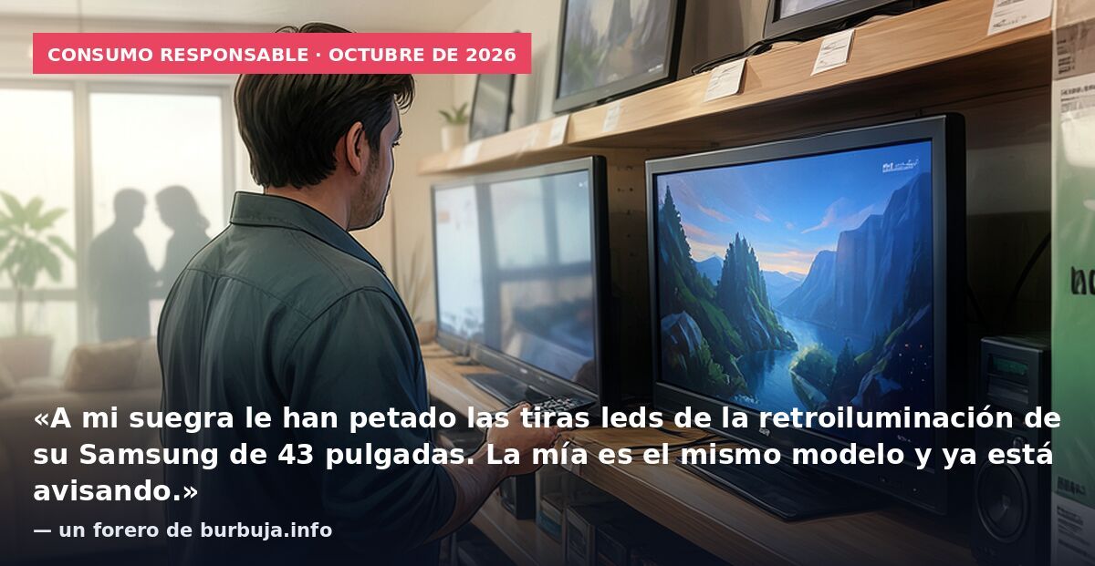 Consumo responsable · octubre de 2026: «A mi suegra le han petado las tiras leds de la retroiluminación de su Samsung de 43 pulgadas. La mía es el mismo modelo y ya está avisando.» — un forero de burbuja.info