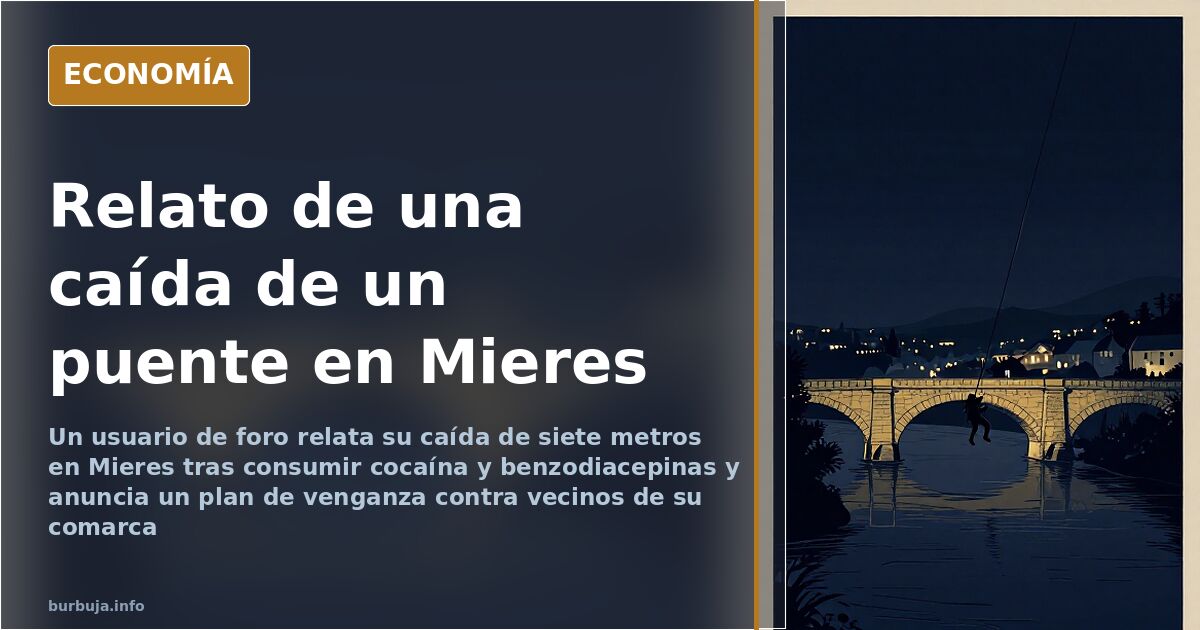Ilustración editorial de un puente sobre un río pedregoso de la cuenca minera asturiana con luces de rescate en la orilla