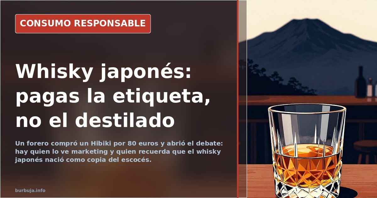 Botella de whisky japonés Hibiki sobre una barra de bar junto a un vaso con hielo y un fondo de estanterías con otras botella