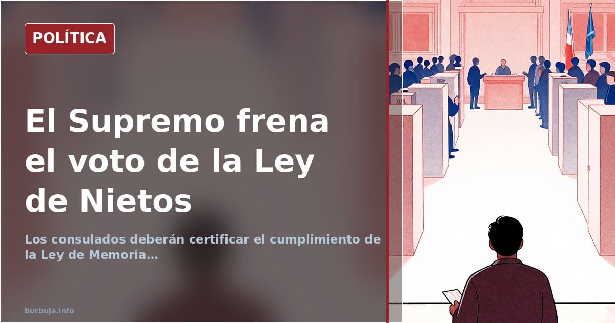 Ilustración editorial de una urna electoral con papeletas y un sello consular, símbolo de la suspensión del voto de la Ley de