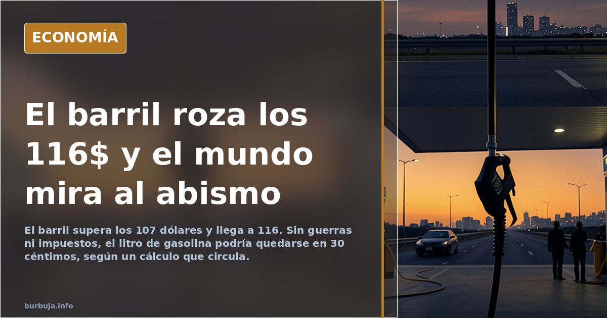 Ilustración editorial de un barril de petróleo con una flecha ascendente sobre un fondo azul marino y detalles dorados