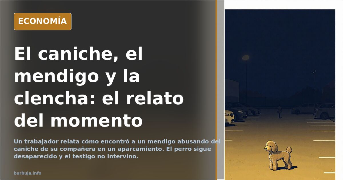 Ilustración editorial de un caniche junto a una furgoneta de reparto en un aparcamiento, con un mendigo al fondo