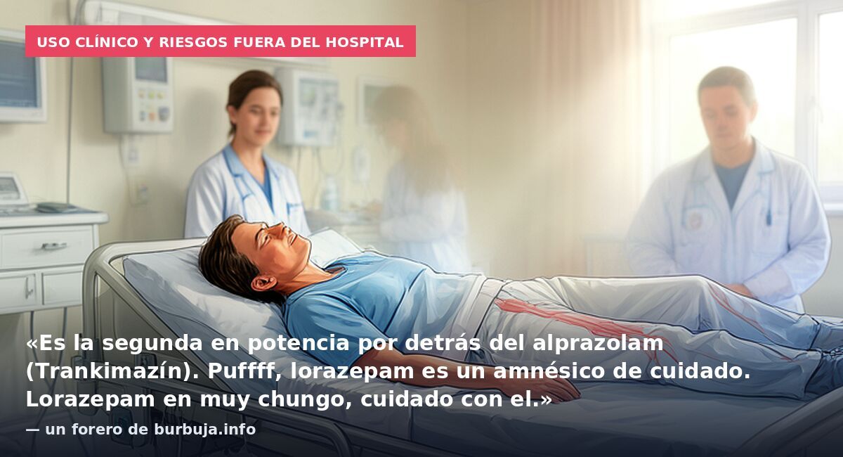 Uso clínico y riesgos fuera del hospital: «Es la segunda en potencia por detrás del alprazolam (Trankimazín). Puffff, lorazepam es un amnésico de cuidado. Lorazepam en muy chungo, cuidado con el.» — un forero de burbuja.info