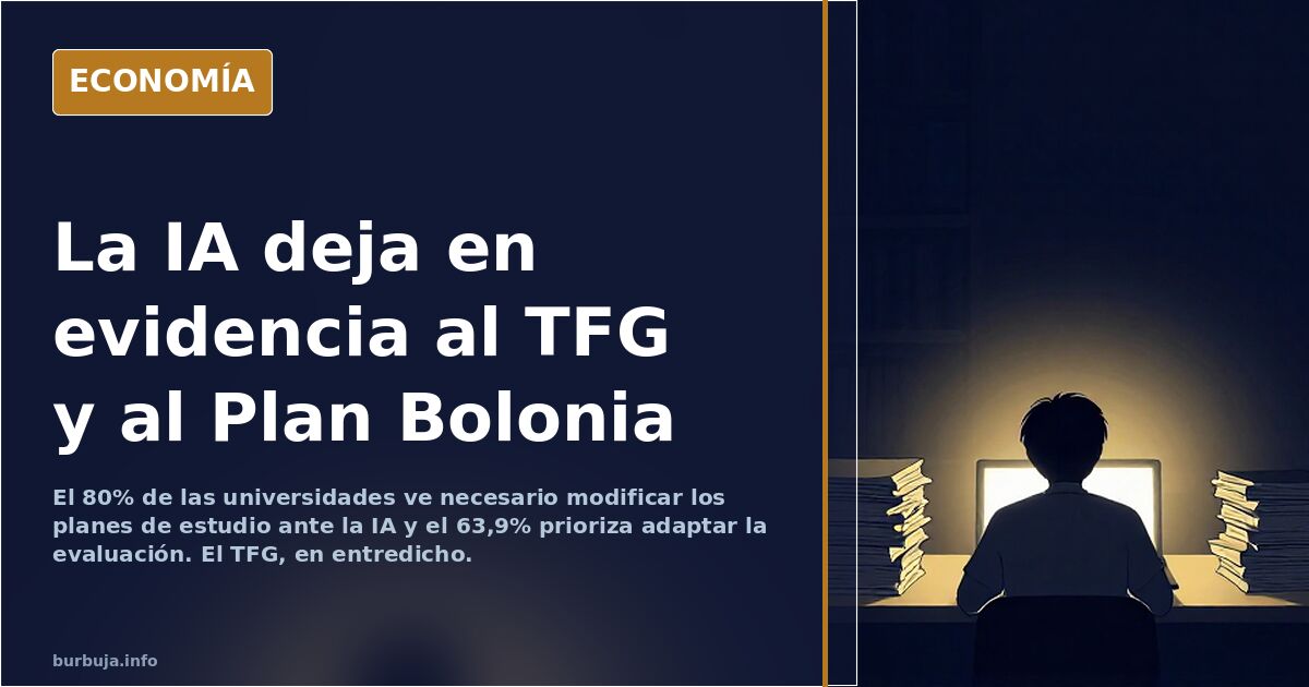 Ilustración editorial de un título universitario y un documento de TFG desvaneciéndose ante una pantalla con inteligencia art