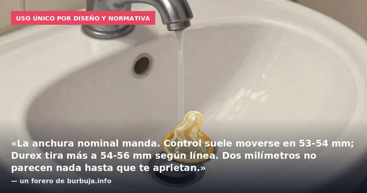 Uso único por diseño y normativa: «La anchura nominal manda. Control suele moverse en 53-54 mm; Durex tira más a 54-56 mm según línea. Dos milímetros no parecen nada hasta que te aprietan.» — un forero de burbuja.info