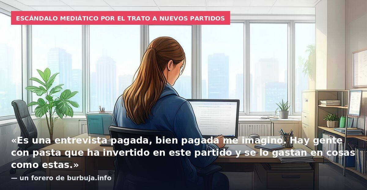 Escándalo mediático por el trato a nuevos partidos: «Es una entrevista pagada, bien pagada me imagino. Hay gente con pasta que ha invertido en este partido y se lo gastan en cosas como estas.» — un forero de burbuja.info