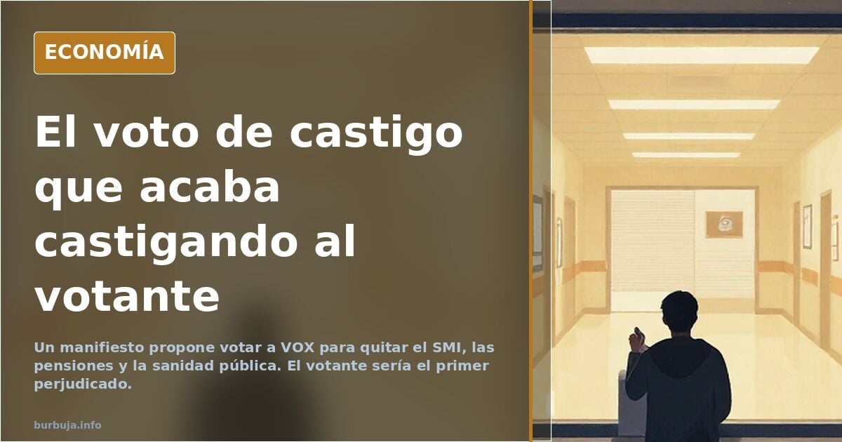 Ilustración editorial de una urna electoral con papeletas y gráficos económicos en tonos azul marino y dorado