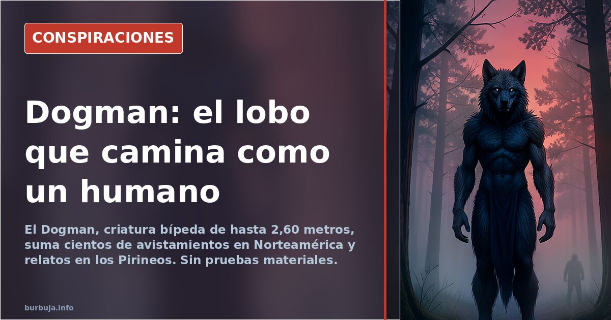 Ilustración de una criatura bípeda con cabeza de lobo en un bosque, representación del Dogman avistado en Norteamérica y Euro
