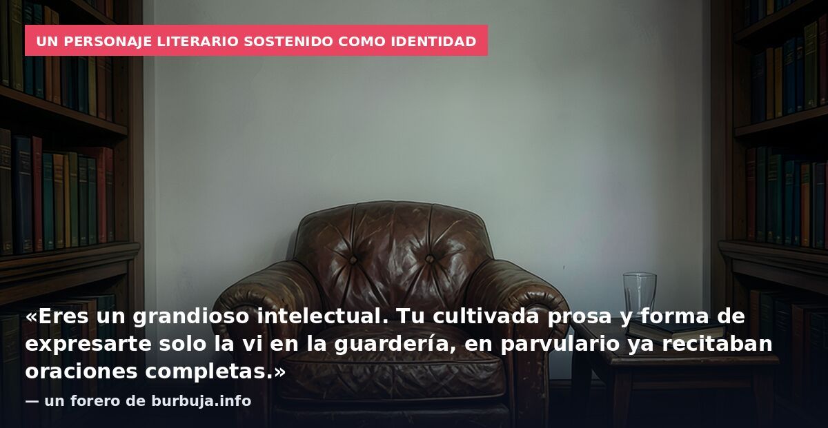 Un personaje literario sostenido como identidad: «Eres un grandioso intelectual. Tu cultivada prosa y forma de expresarte solo la vi en la guardería, en parvulario ya recitaban oraciones completas.» — un forero de burbuja.info