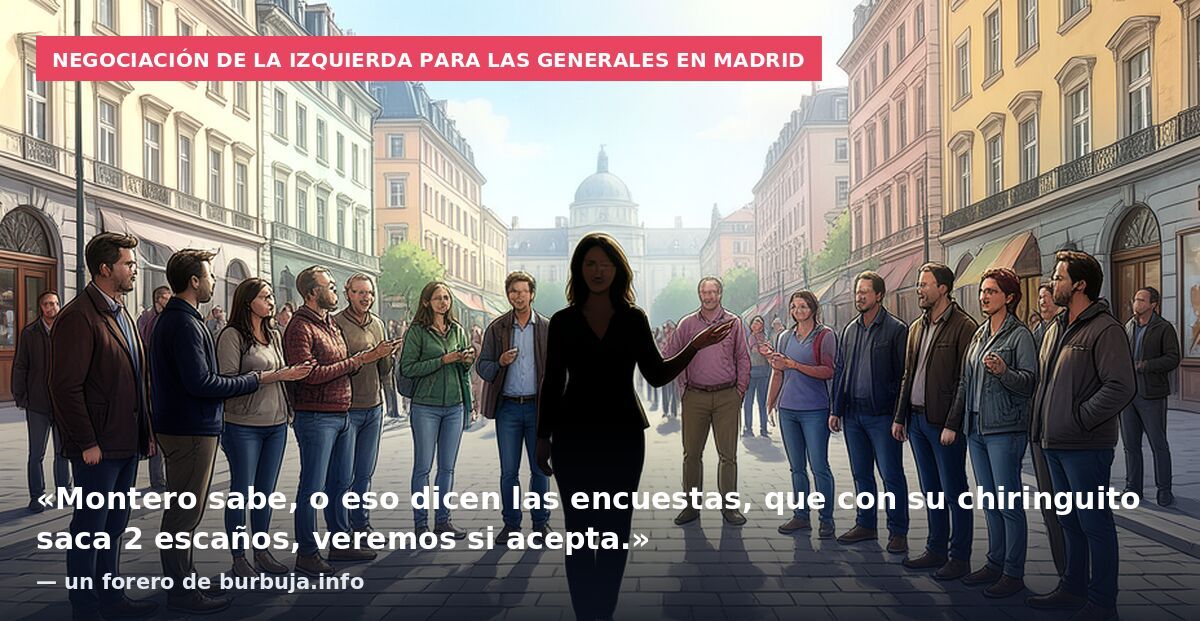 Negociación de la izquierda para las generales en Madrid: «Montero sabe, o eso dicen las encuestas, que con su chiringuito saca 2 escaños, veremos si acepta.» — un forero de burbuja.info