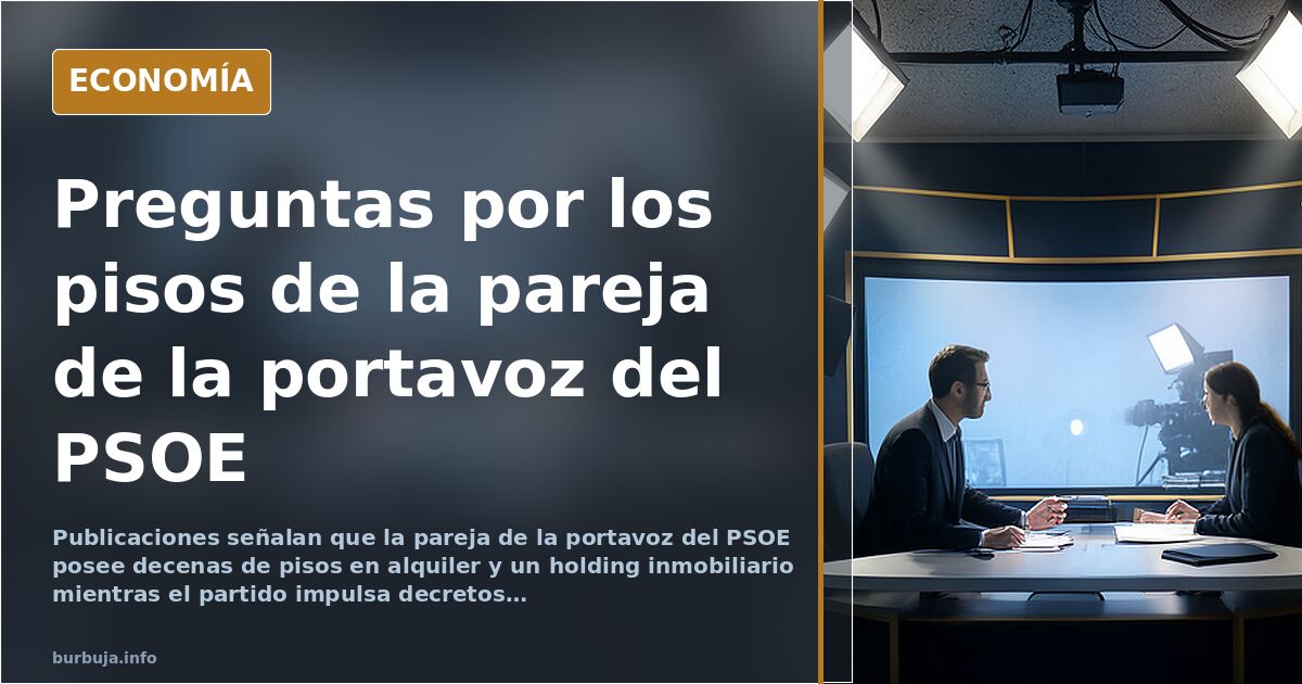 Ilustración editorial de una portavoz política ante un micrófono con edificios de viviendas al fondo en tonos azul marino y d