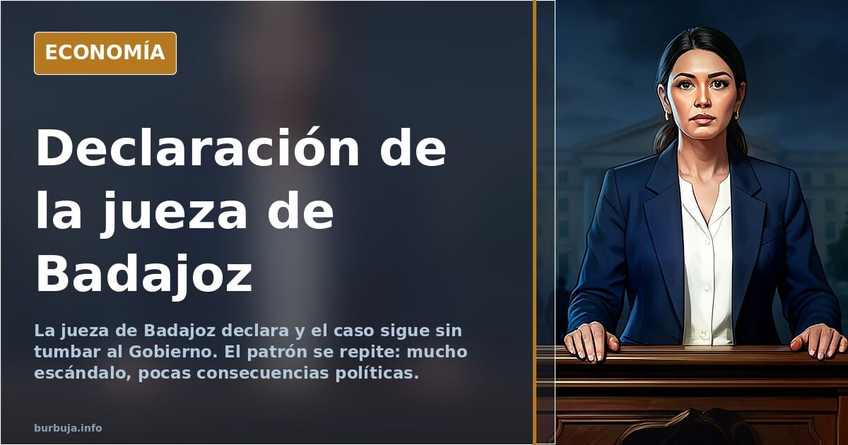 Ilustración editorial de una jueza declarando ante un tribunal con el Gobierno español al fondo sin moverse