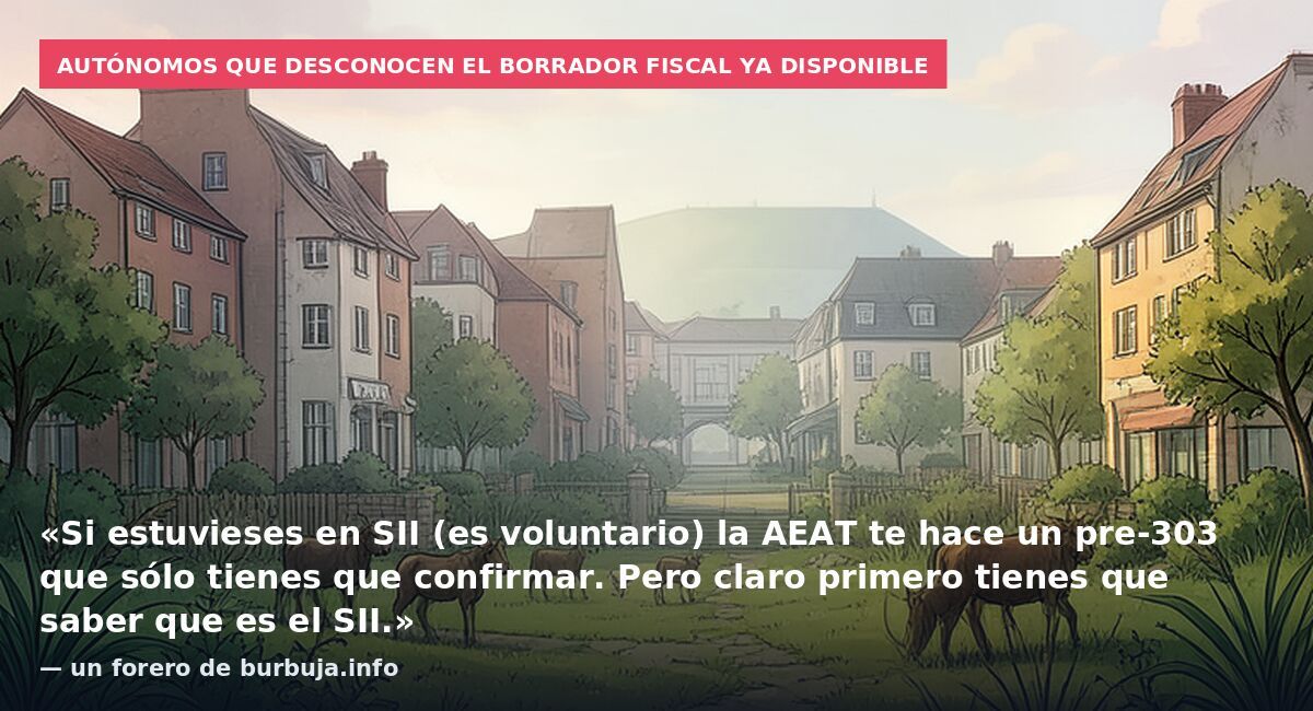Autónomos que desconocen el borrador fiscal ya disponible: «Si estuvieses en SII (es voluntario) la AEAT te hace un pre-303 que sólo tienes que confirmar. Pero claro primero tienes que saber que es el SII.» — un forero de burbuja.info