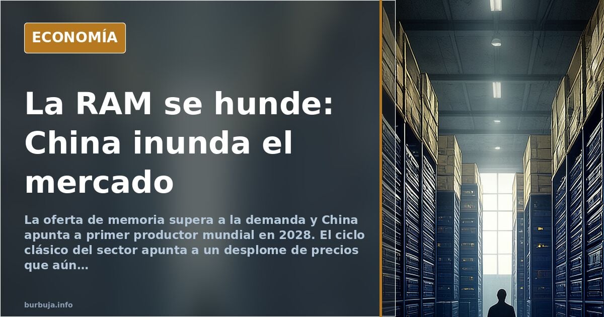 Ilustración editorial de módulos de memoria RAM apilados junto a una bandera de China y una línea de precios descendente