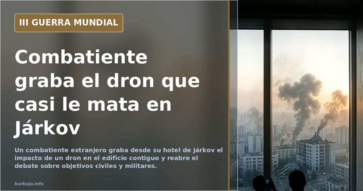 Ilustración documental de un dron sobrevolando una ciudad ucraniana con humo lejano y siluetas de edificios dañados