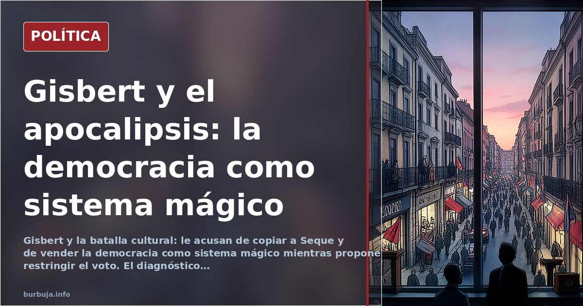 Ilustración editorial de Pizpi Gisbert ante un atril con banderas de España y la Unión Europea, en tonos rojos y azules apaga