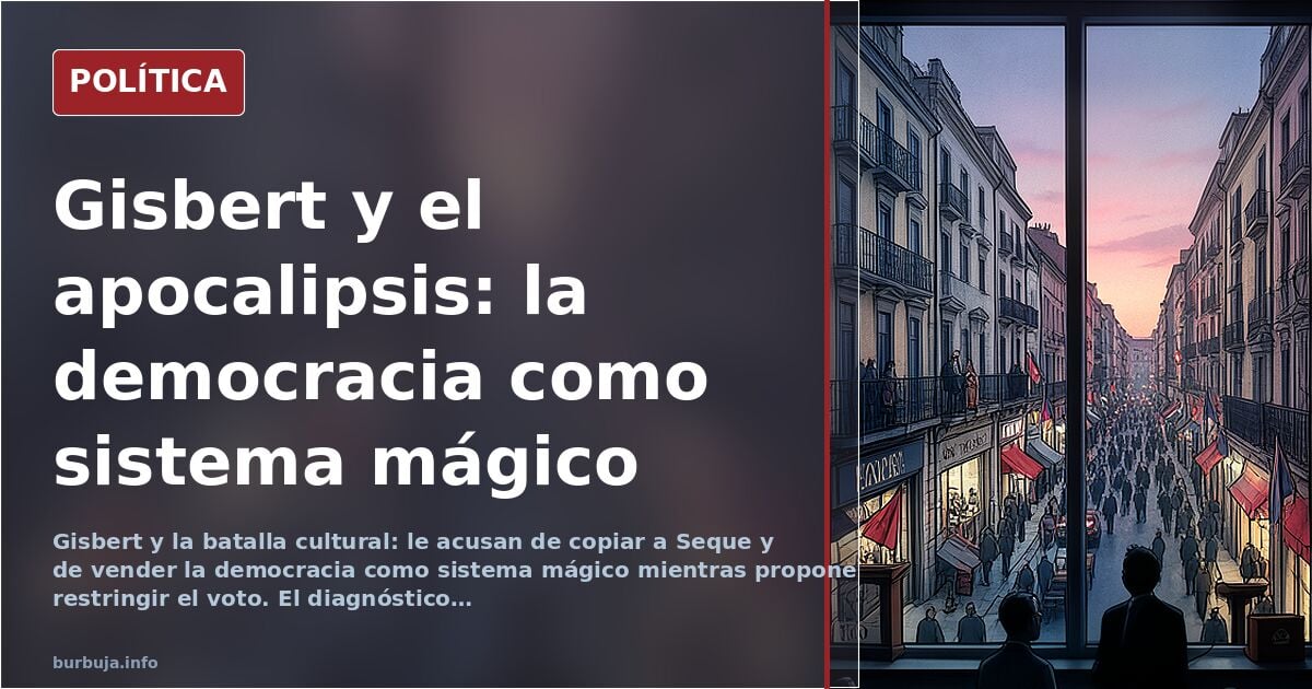 Ilustración editorial de Pizpi Gisbert ante un atril con banderas de España y la Unión Europea, en tonos rojos y azules apaga