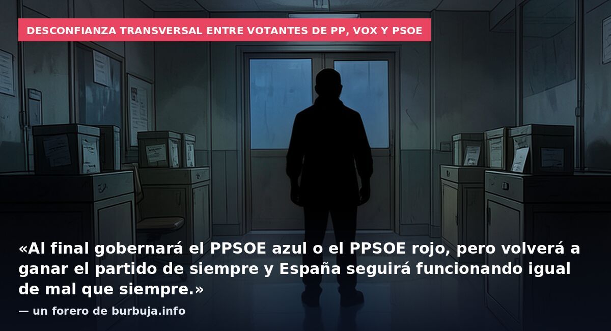 Desconfianza transversal entre votantes de PP, Vox y PSOE: «Al final gobernará el PPSOE azul o el PPSOE rojo, pero volverá a ganar el partido de siempre y España seguirá funcionando igual de mal que siempre.» — un forero de burbuja.info