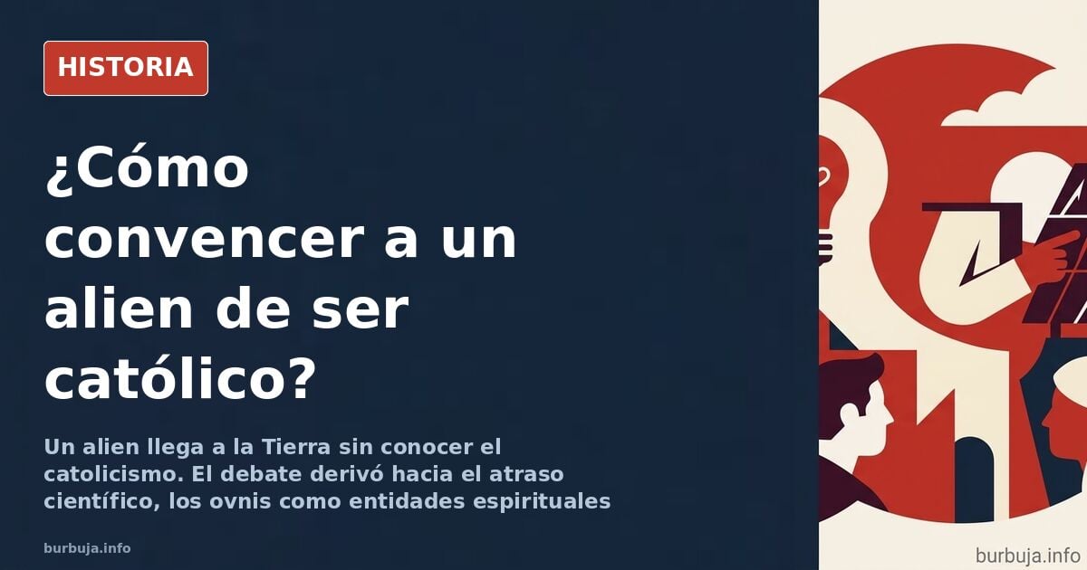 Representación de un extraterrestre observando una iglesia católica, símbolo del debate sobre fe y razón