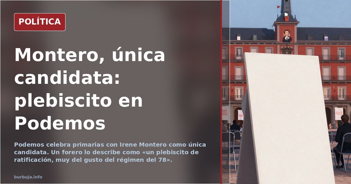 Ilustración editorial de Irene Montero en un atril con escaños vacíos y un cartel de vivienda