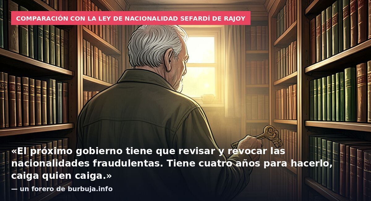 Comparación con la ley de nacionalidad sefardí de Rajoy: «El próximo gobierno tiene que revisar y revocar las nacionalidades fraudulentas. Tiene cuatro años para hacerlo, caiga quien caiga.» — un forero de burbuja.info