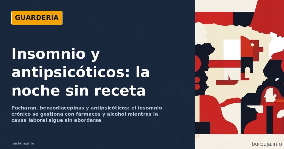 Ilustración de una persona insomne en la cama con pastillas y una botella de licor sobre la mesilla de noche