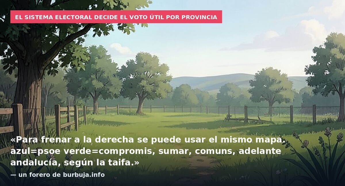 El sistema electoral decide el voto útil por provincia: «Para frenar a la derecha se puede usar el mismo mapa. azul=psoe verde=compromis, sumar, comuns, adelante andalucía, según la taifa.» — un forero de burbuja.info
