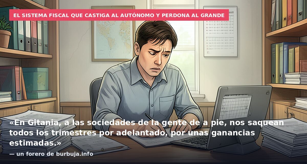 El sistema fiscal que castiga al autónomo y perdona al grande: «En Gitania, a las sociedades de la gente de a pie, nos saquean todos los trimestres por adelantado, por unas ganancias estimadas.» — un forero de burbuja.info