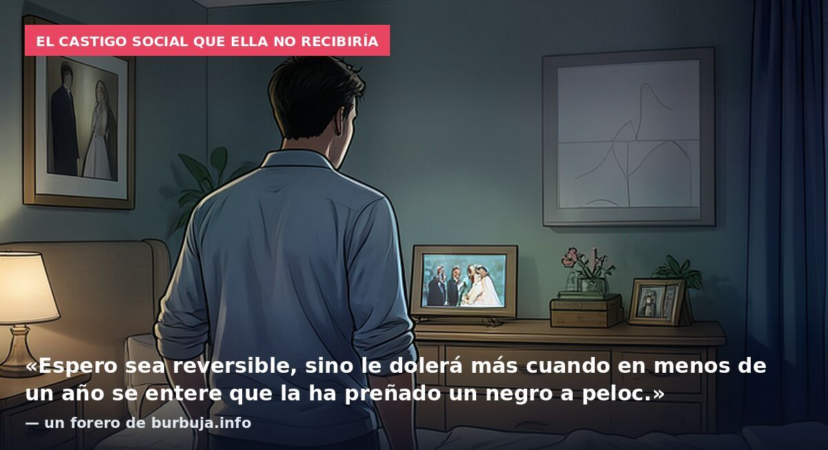 El castigo social que ella no recibiría: «Espero sea reversible, sino le dolerá más cuando en menos de un año se entere que la ha preñado un negro a peloc.» — un forero de burbuja.info