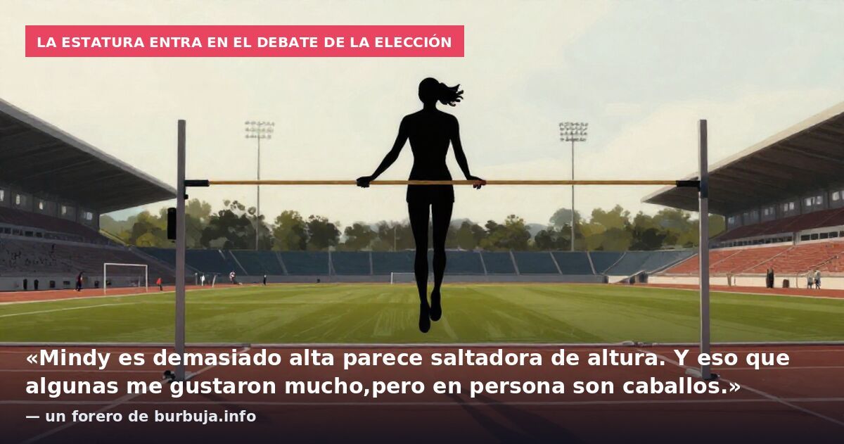 La estatura entra en el debate de la elección: «Mindy es demasiado alta parece saltadora de altura. Y eso que algunas me gustaron mucho,pero en persona son caballos.» — un forero de burbuja.info