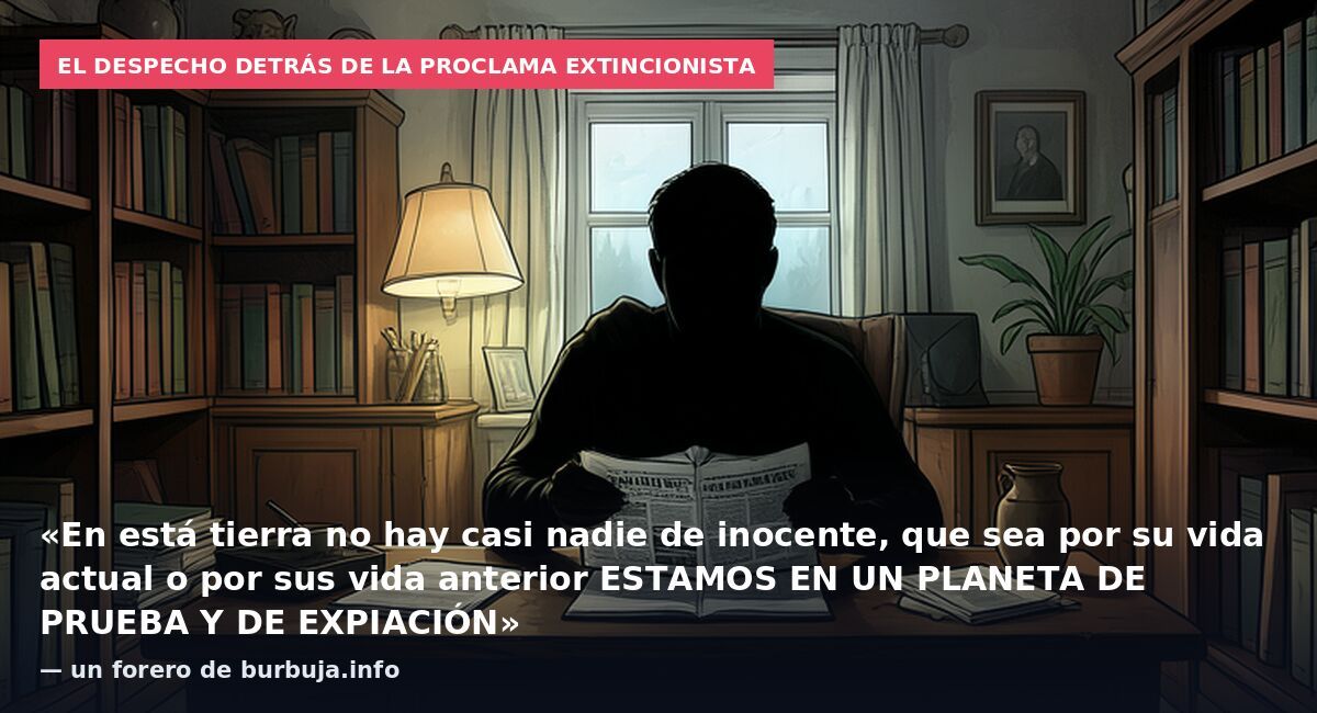 El despecho detrás de la proclama extincionista: «En está tierra no hay casi nadie de inocente, que sea por su vida actual o por sus vida anterior ESTAMOS EN UN PLANETA DE PRUEBA Y DE EXPIACIÓN» — un forero de burbuja.info