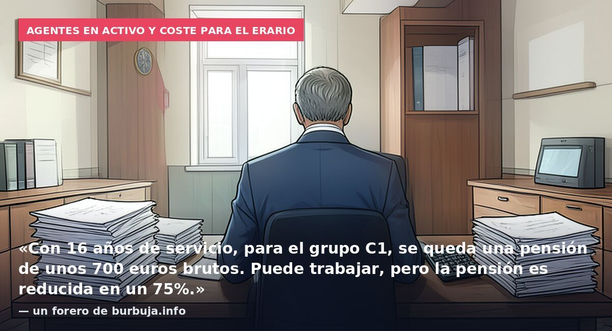 Agentes en activo y coste para el erario: «Con 16 años de servicio, para el grupo C1, se queda una pensión de unos 700 euros brutos. Puede trabajar, pero la pensión es reducida en un 75%.» — un forero de burbuja.info