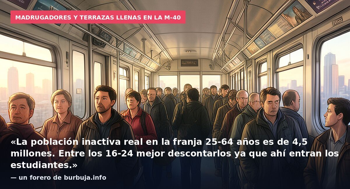 Madrugadores y terrazas llenas en la M-40: «La población inactiva real en la franja 25-64 años es de 4,5 millones. Entre los 16-24 mejor descontarlos ya que ahí entran los estudiantes.» — un forero de burbuja.info