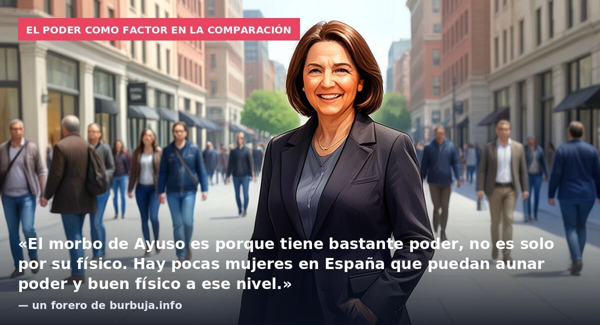 El poder como factor en la comparación: «El morbo de Ayuso es porque tiene bastante poder, no es solo por su físico. Hay pocas mujeres en España que puedan aunar poder y buen físico a ese nivel.» — un forero de burbuja.info